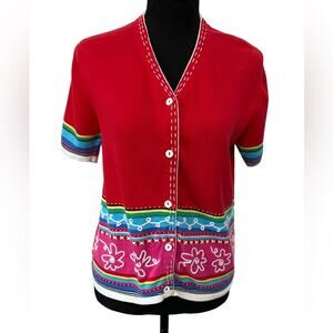 Susan Bristol Vibrant Red Cardigan with Multicolor Accents Size S